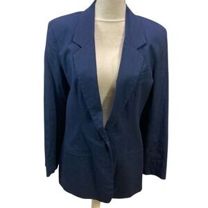 ADOLFO STUDIO Women's Navy Blue Linen Blend Blazer Size 10‎ Single Button Jacket